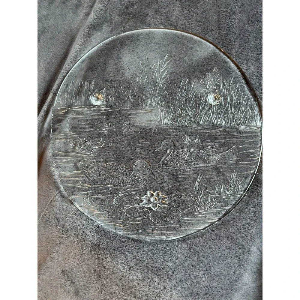 Studio Nova Walther Glas Woodland Duck Pond Scene Platter West Germany Clear